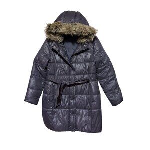 Y2K Faux Fur Hoodie L Puffer Removable Hood Belted Gray Old Navy 2009